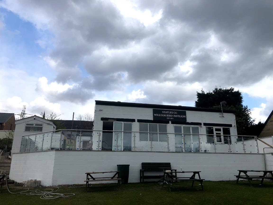 Post-and-glass balustrades at Stayley Cricket Club — further view of the completed installation