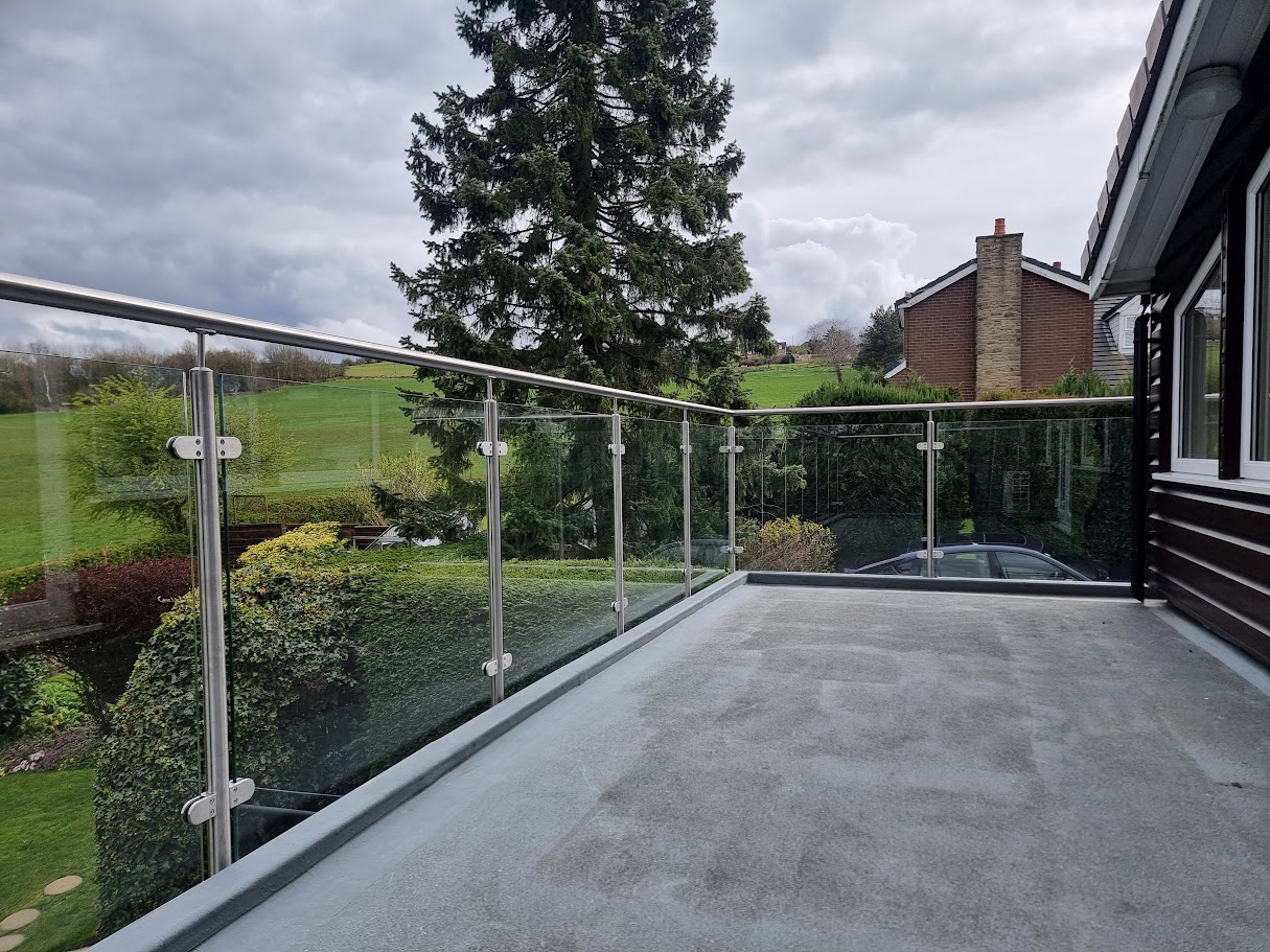 A stainless and glass terrace balustrade in the Peak District — further view of the completed installation