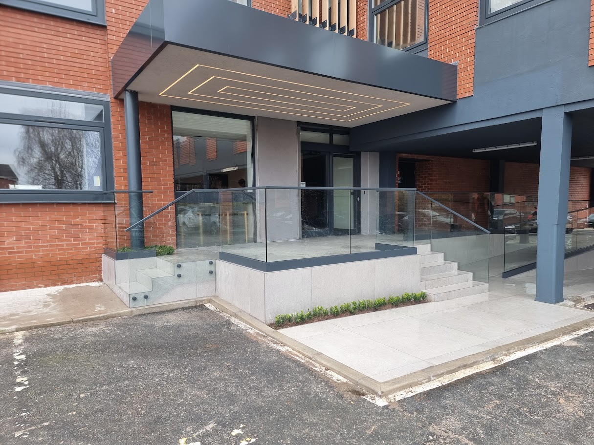 Glass balustrading at the Two Four Nine development, Altrincham — further view of the completed installation