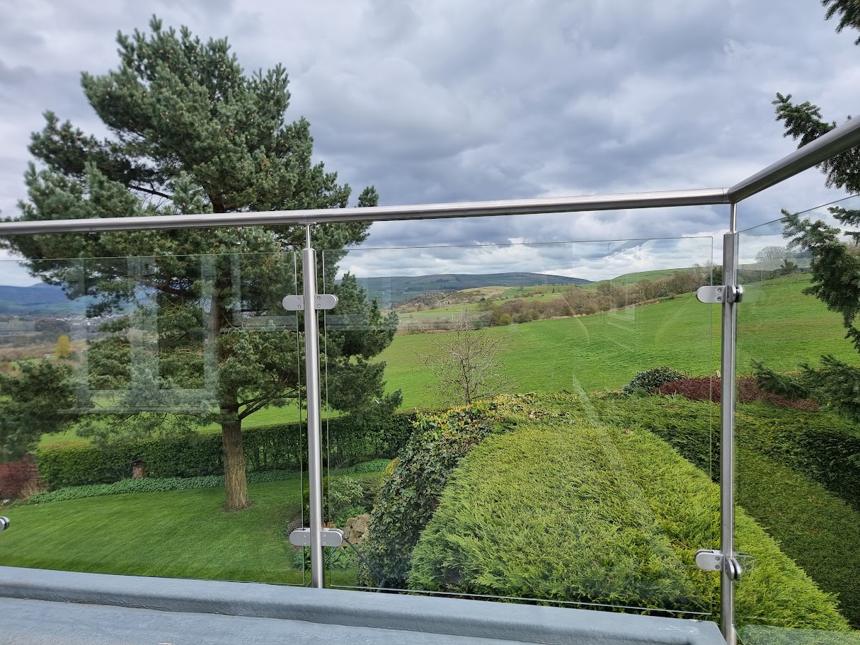 A stainless and glass terrace balustrade in the Peak District — further view of the completed installation