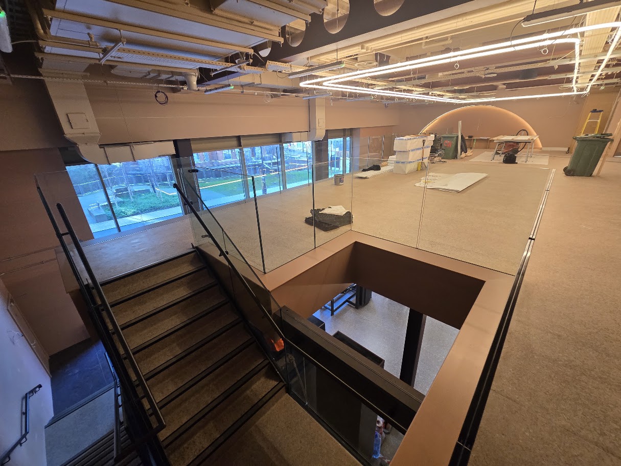 Frameless glass mezzanine and stair balustrades — further view of the completed installation