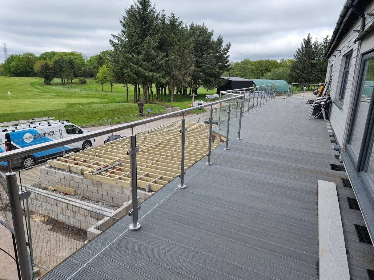Stainless and glass terraces at Hazel Grove Golf Club — further view of the completed installation