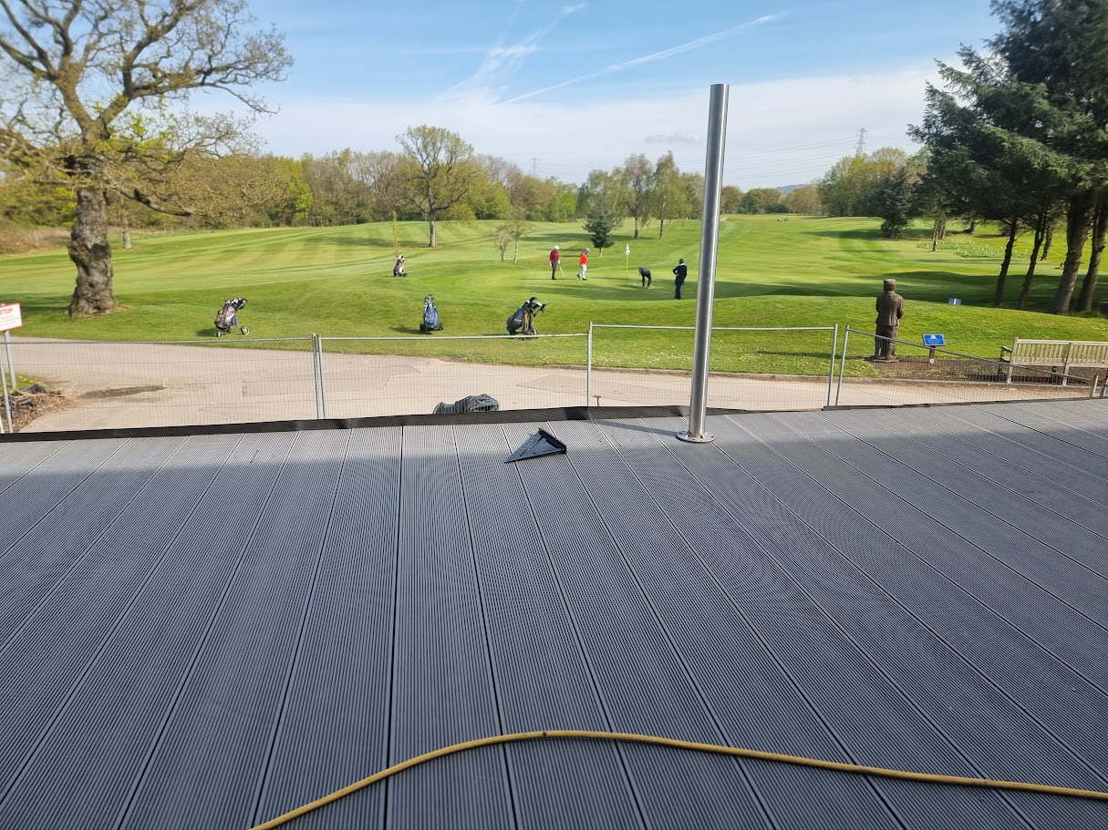 Stainless and glass terraces at Hazel Grove Golf Club — further view of the completed installation