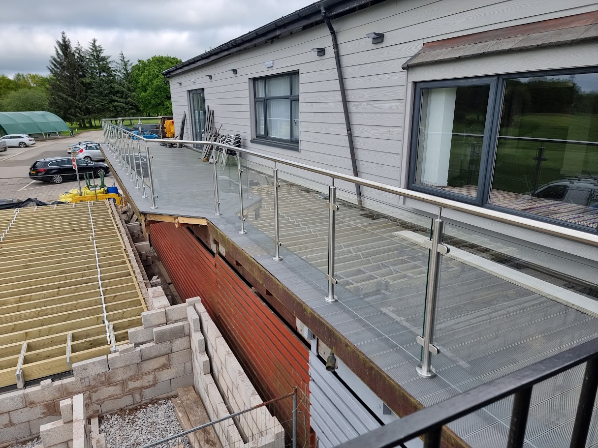 Stainless and glass terraces at Hazel Grove Golf Club — further view of the completed installation
