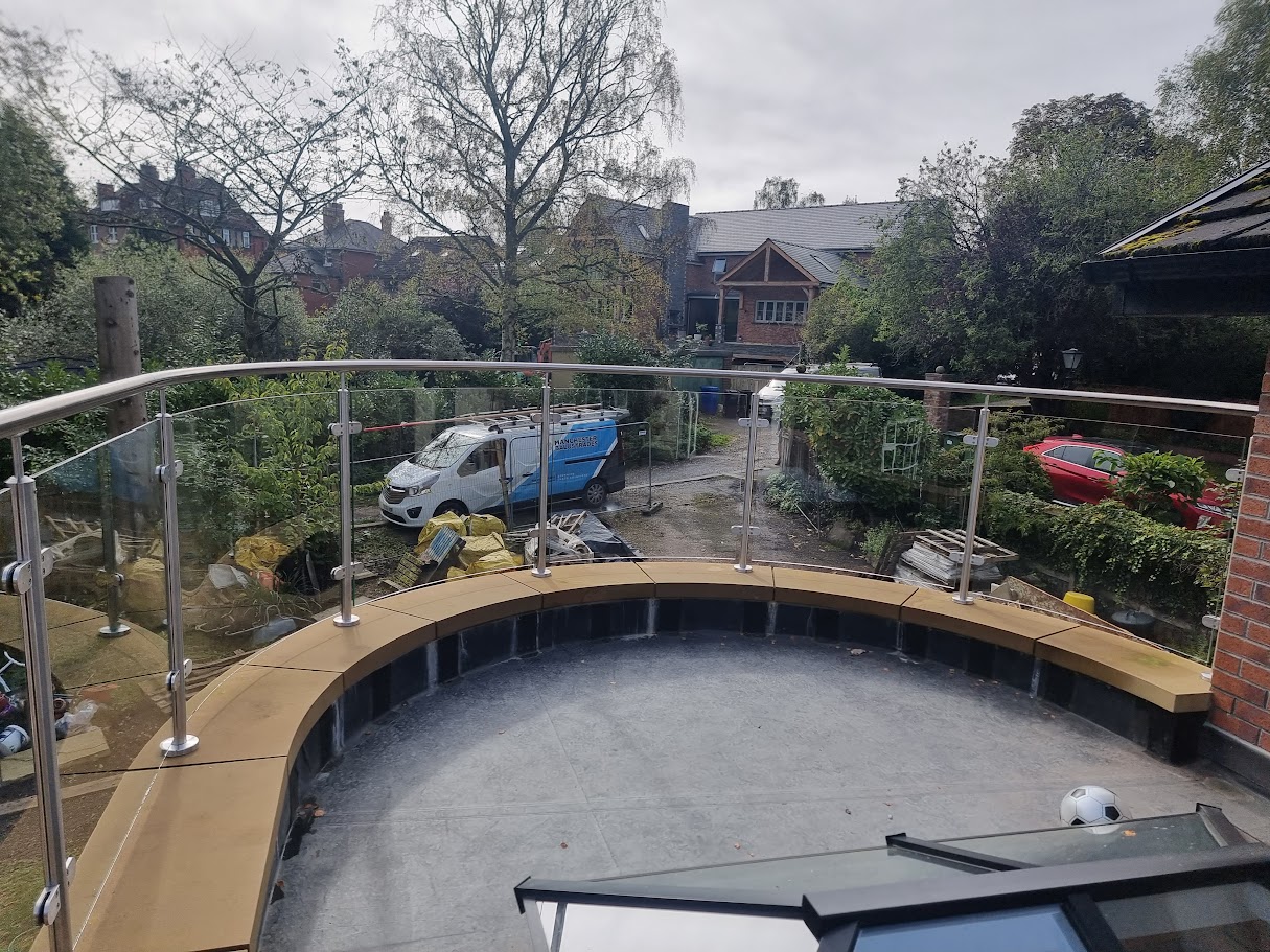 A curved glass balcony in Marple Bridge — further view of the completed installation