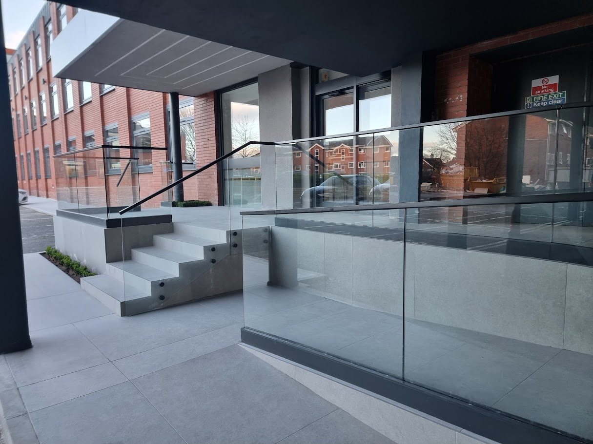 Glass balustrading at the Two Four Nine development, Altrincham — further view of the completed installation