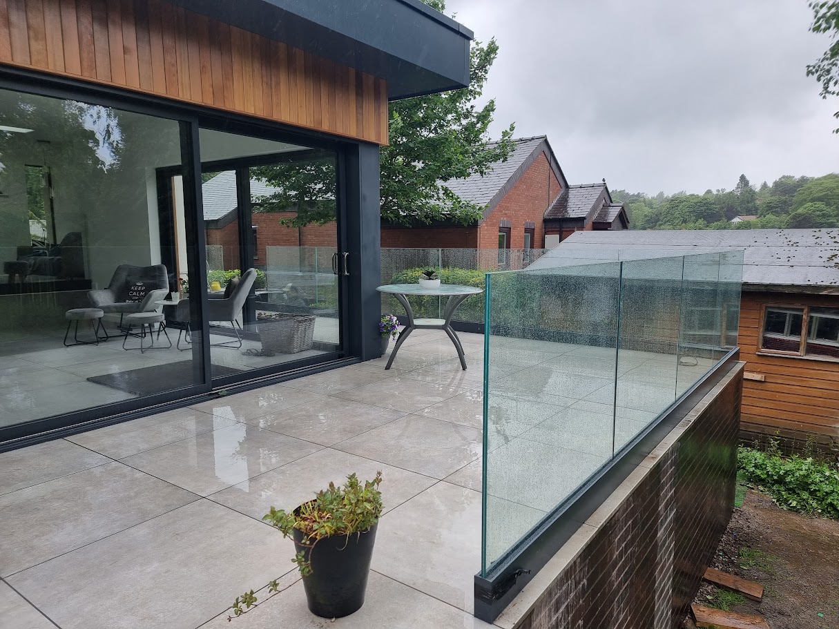 A frameless glass garden terrace in Disley — further view of the completed installation