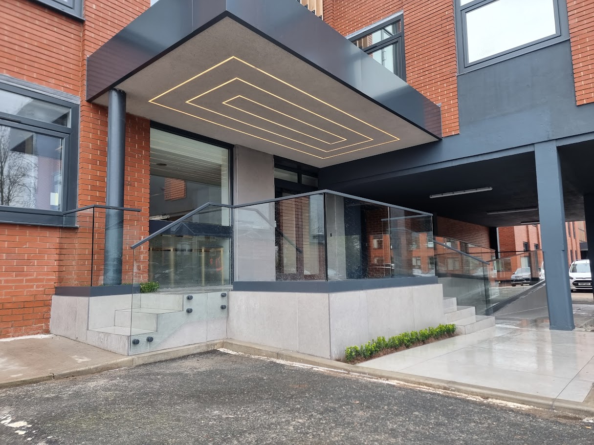 Glass balustrading at the Two Four Nine development, Altrincham — further view of the completed installation