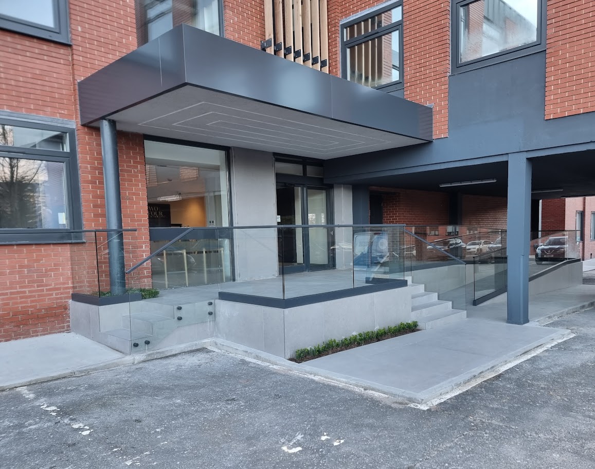 Glass balustrading at the Two Four Nine development, Altrincham — Manchester Balustrades installation